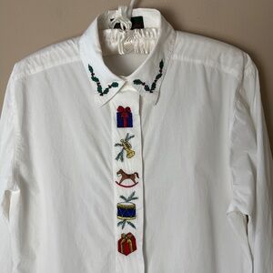 Vintage Embroidered Christmas Shirt Womens 10 Large Croft & Barrow White Top